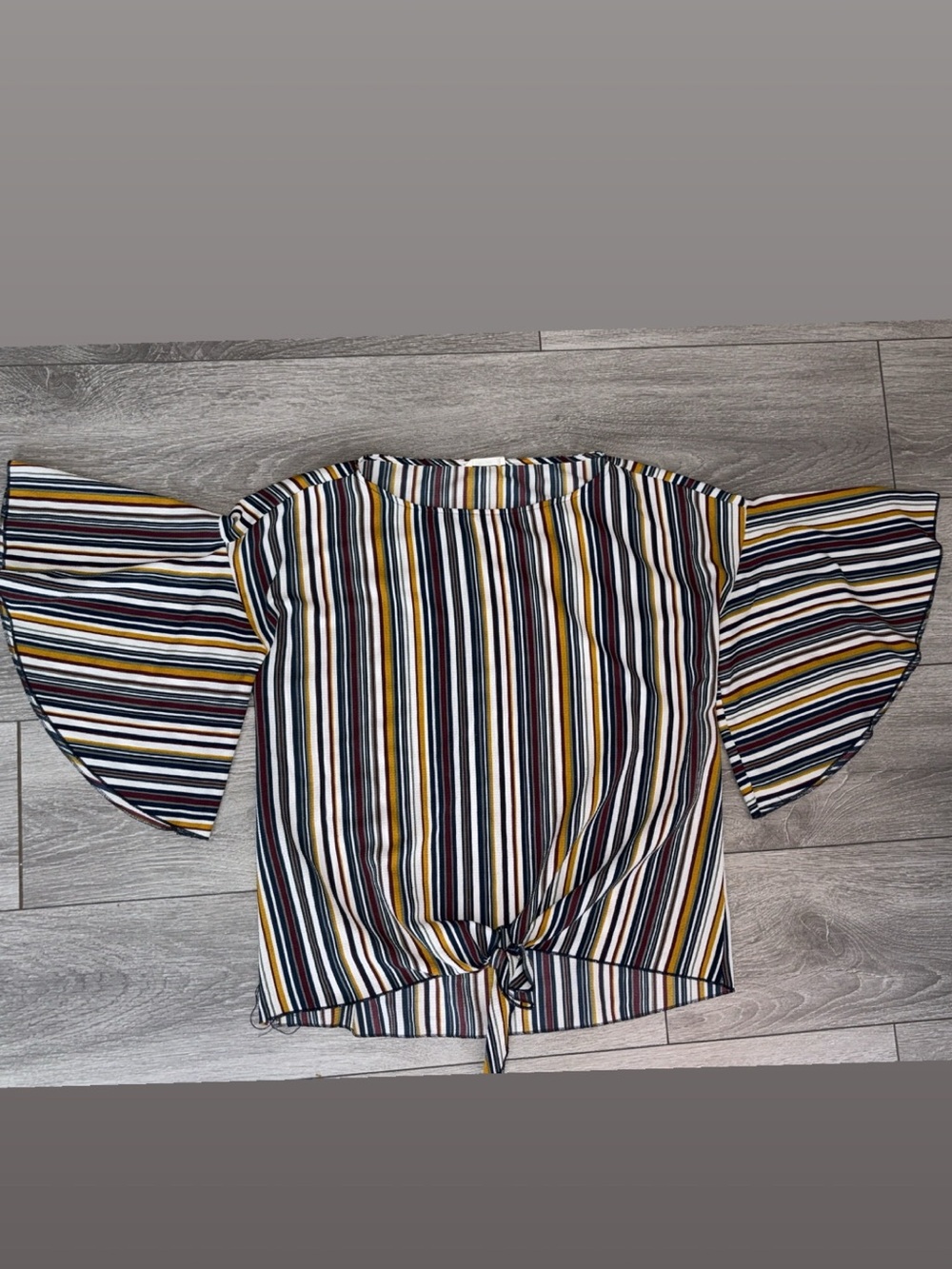 First Love Size Medium Women’s Blouse Flutter Sleeve Striped Tie Front Detail